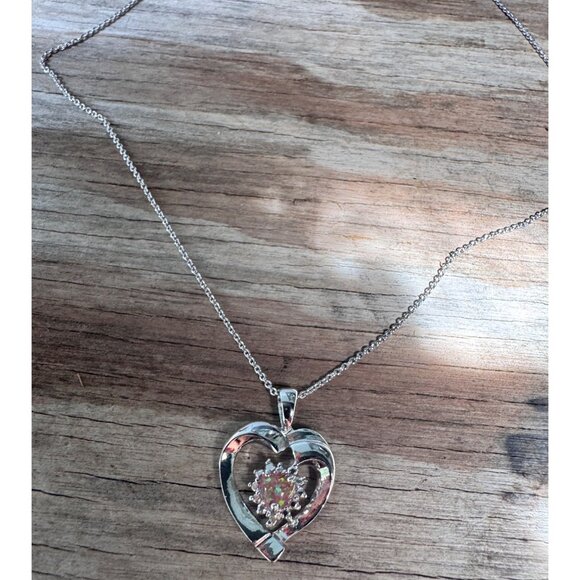 Heart-Shaped Sterling Silver Pendant Necklace With Opal Stone & Cubic Zirconia - Picture 4 of 6
